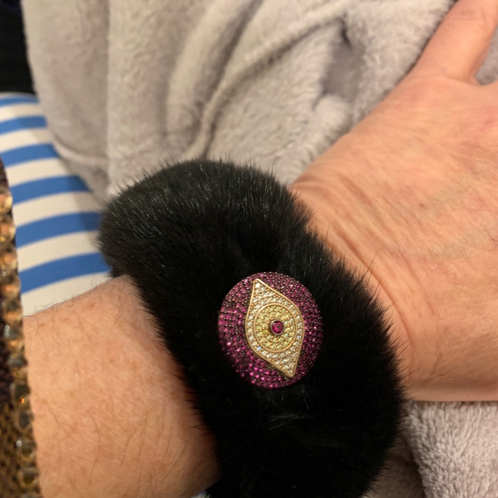 Fur cuff w crystal evil eye